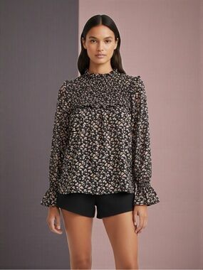 Merlette Pima Cotton Majorelle Print Long Sleeve Smocked Floral Blouse Size XS